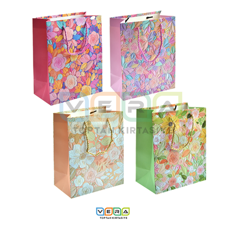 18x10x23 Çiçek Desen Simli Hediyelik Karton Çanta