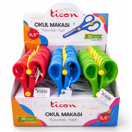 Ticon 5.5" Korumalı Yaylı Okul Makası 30 lu Stant