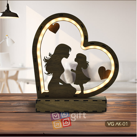 Led ışıklı Ahşap Anne Kız Biblo -Özel Üretim KÇ-01