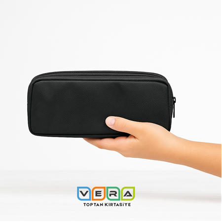 Siyah Çift Fermuarlı Kumaş Kalemlik