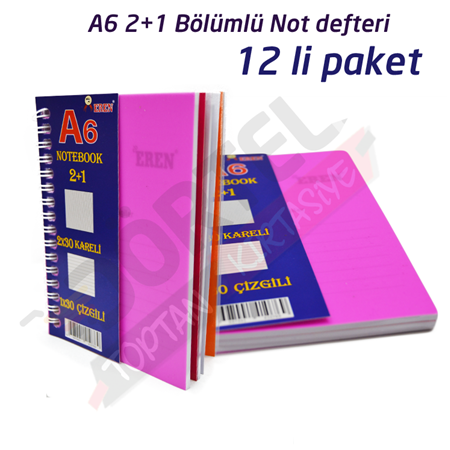 2+1 Bölümlü A6 Not defteri 12 li paket