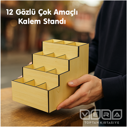 12 Bölümlü Ahşap Boş Stant - Kalem Standı