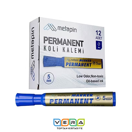 Metapin 5 mm Mavi Kesik Uç Permanent Koli Kalemi 12 li Paket