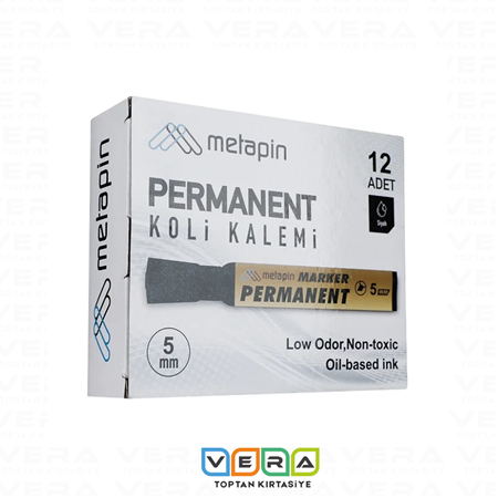 Metapin 5 mm Siyah Kesik Uç Permanent Koli Kalemi 12 li Paket