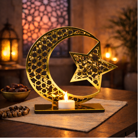 Ahşap Üzeri Gold Pleksi Ayyıldız Temalı Led Mum Dekor