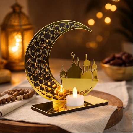 Ahşap Üzeri Gold Pleksi Mescid-i AksaTemalı Led Mum Dekor